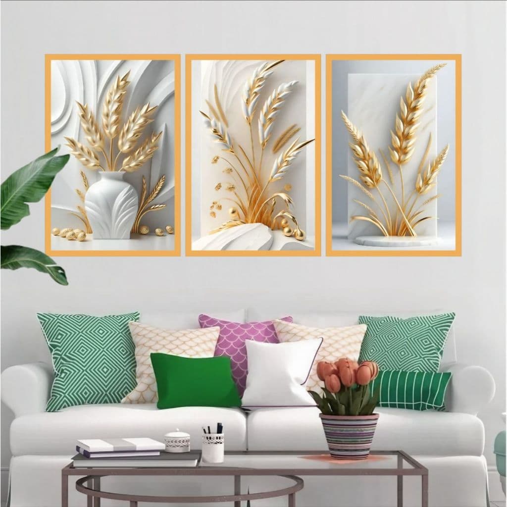 Quadros Decorativos Trigo Branco Dourado 3 peças Mosaico Sala Quarto Escritório