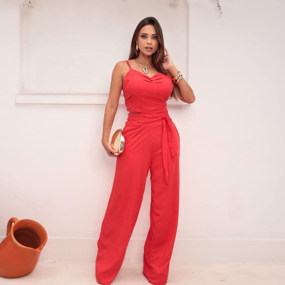 Conjunto Pantalona e Cropped com Bojo de Amarrar nas Costas com Regulagem na Alça Feminino Duna
