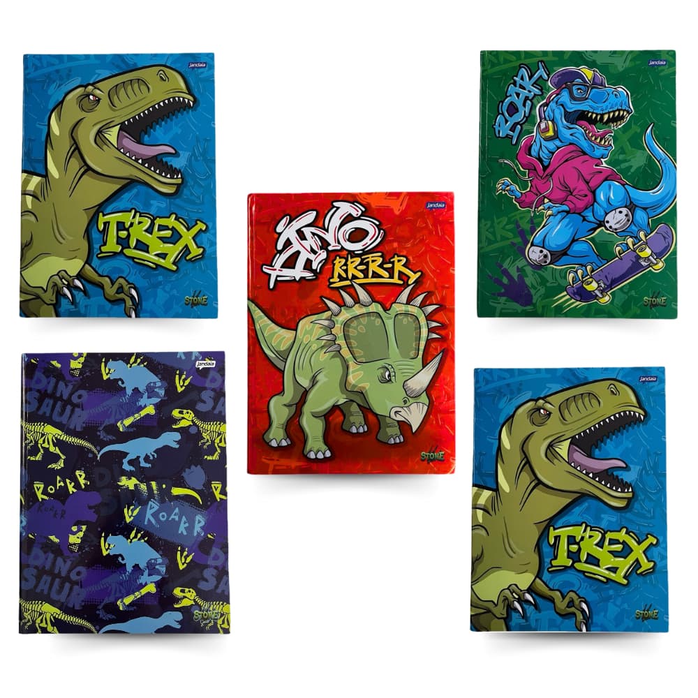 Kit 5 Cadernos Dinossauro Brochura Grande Capa Dura Masculino Infanto Juvenil 1 Matéria 80 folhas Dino Modelos Variados