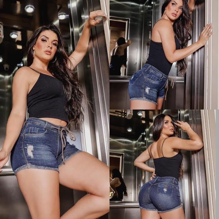 Short/shortinho jeans feminino ENFASY jeans escuro  modela corpo empina bumbum com cinto