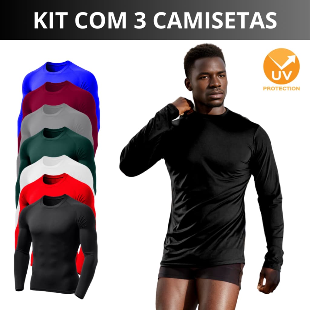 Kit 3 Camiseta UV Segunda Pele Proteção Solar Uv50 Praia Verão Cores Sortidas