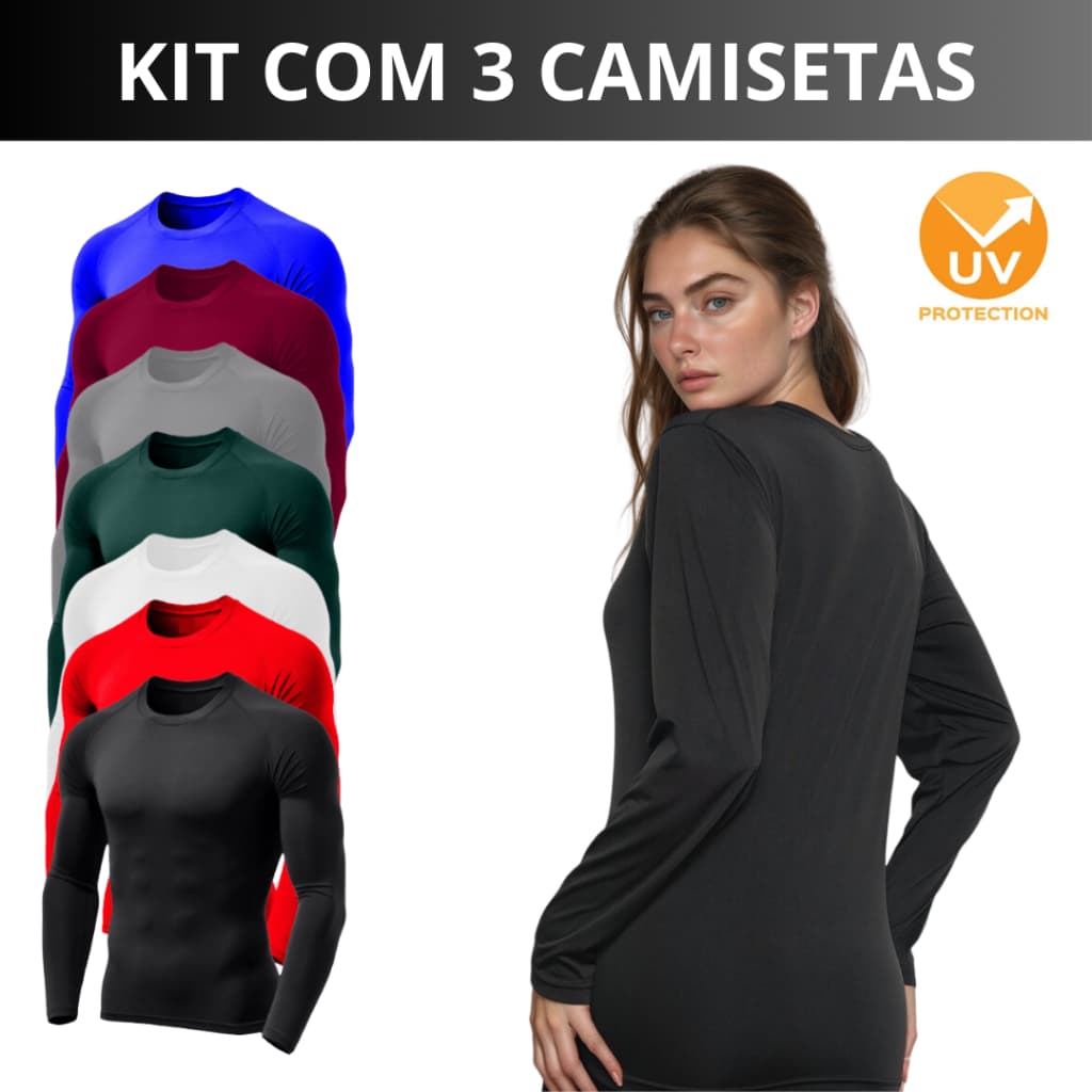 Kit 3 Camiseta UV Feminino Segunda Pele Proteção Solar Uv50 Praia Verão Cores Sortidas