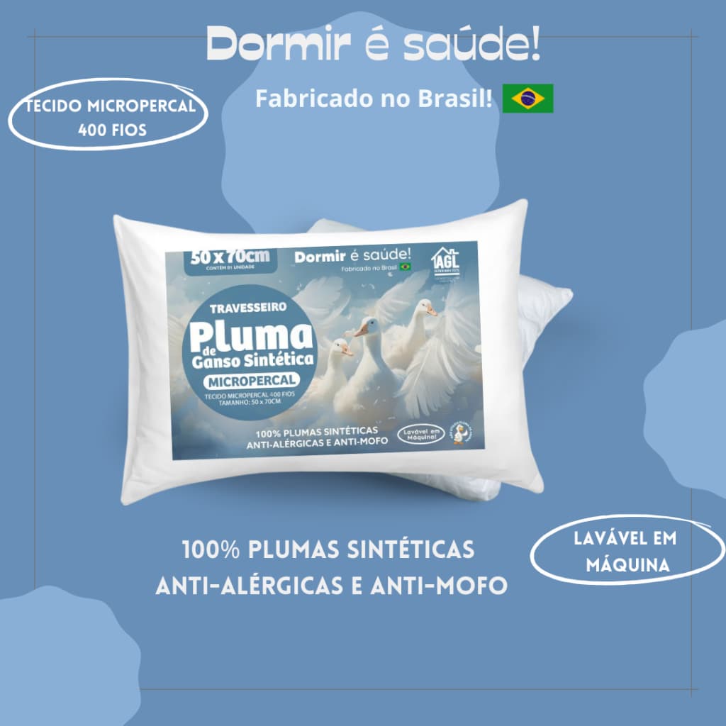 Kit com 2 travesseiros de pluma de ganso sintética, antialérgicos e antiácaro, tamanho 70x50 cm, super macios.