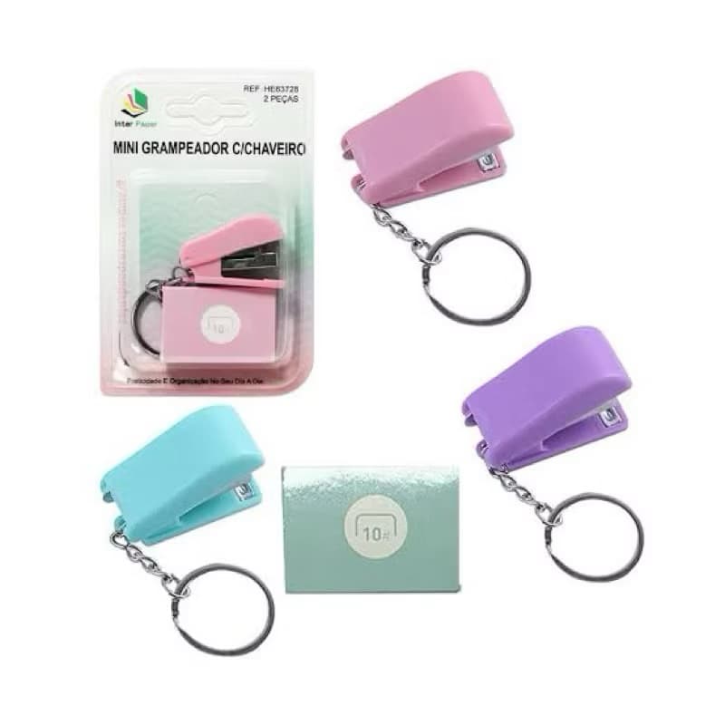 Grampeador com Chaveiro Mini e Caixa de grampos para Papelaria