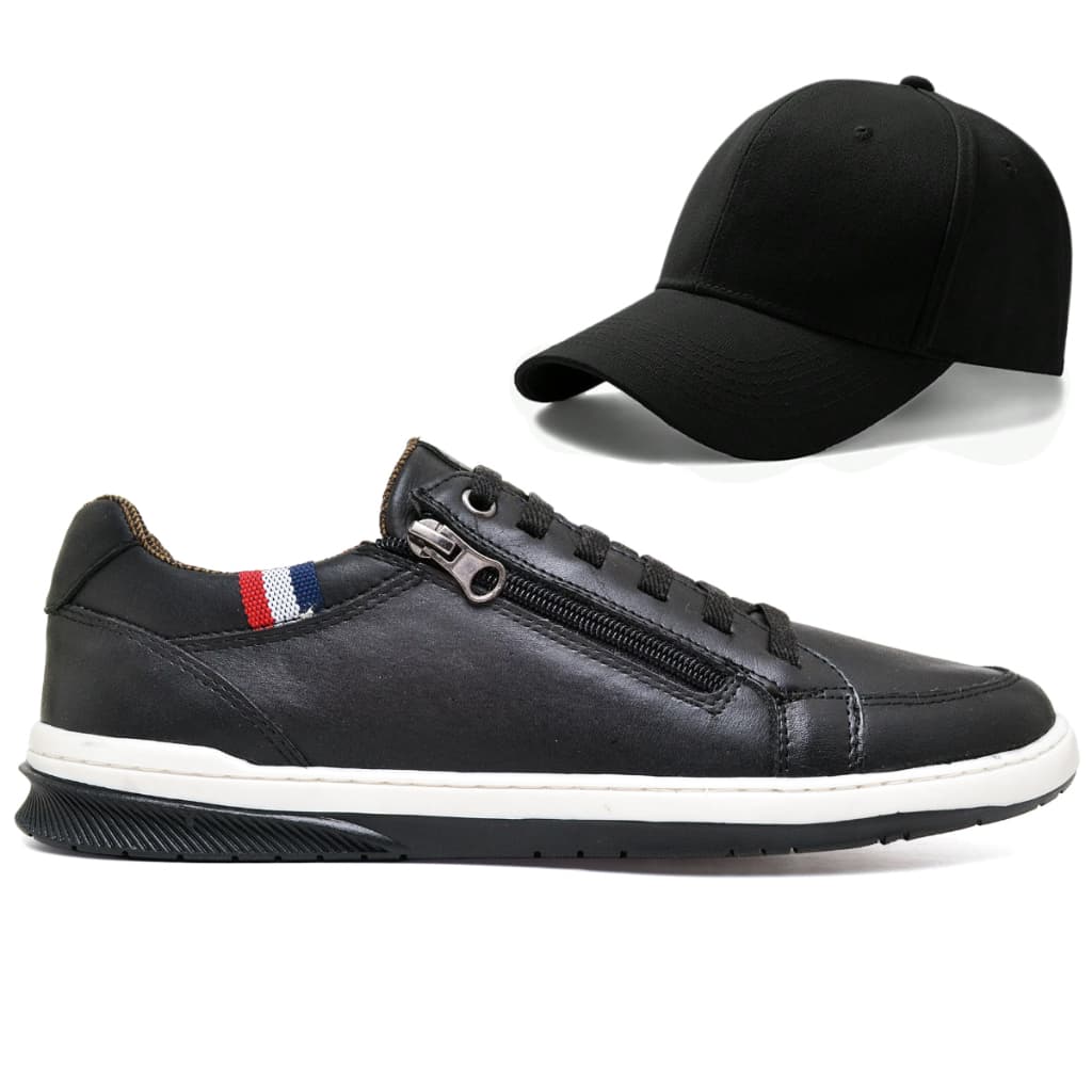 Kit Sapatenis Masculino Couro Bovino Ziper + Boné Ajustável --- ELÁSTICO Calce Casual Tênis Casamento Festa Social