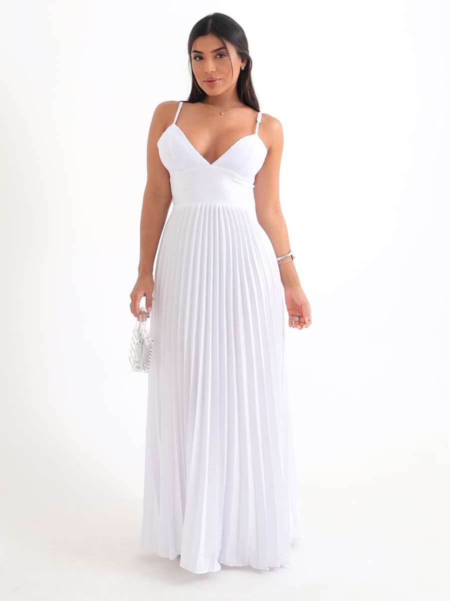 Vestido Malha Crepe Feminino Plissado Alça Acinturado Decotado