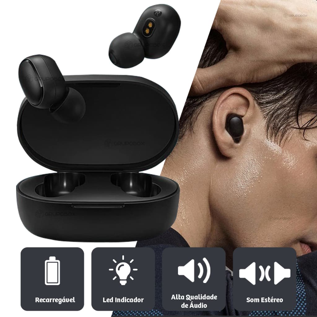 Fone De Ouvido Bluetooth Sem Fio Com Microfone 5.3 Preto TWS Led Indicador