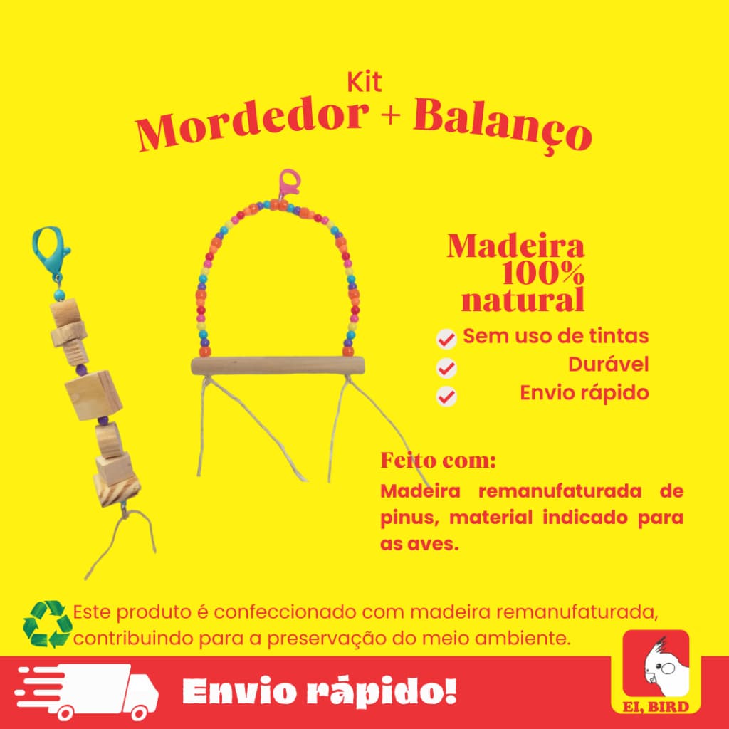 Kit Diversão Colorida para Aves – Mordedor e Balanço com Miçangas