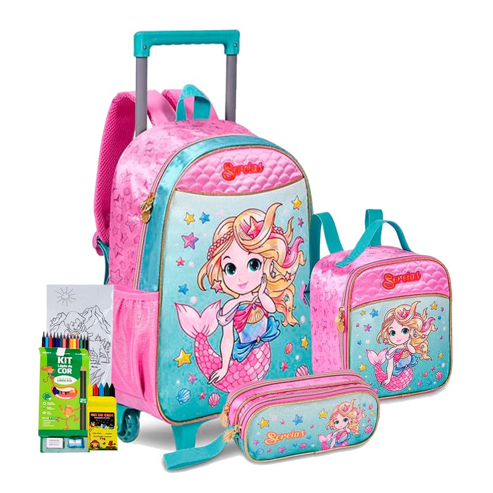 Kit Mochila De Carrinho Estojo Lancheira Infantil Sereia Mermaid Princesa Do Mar Meninas