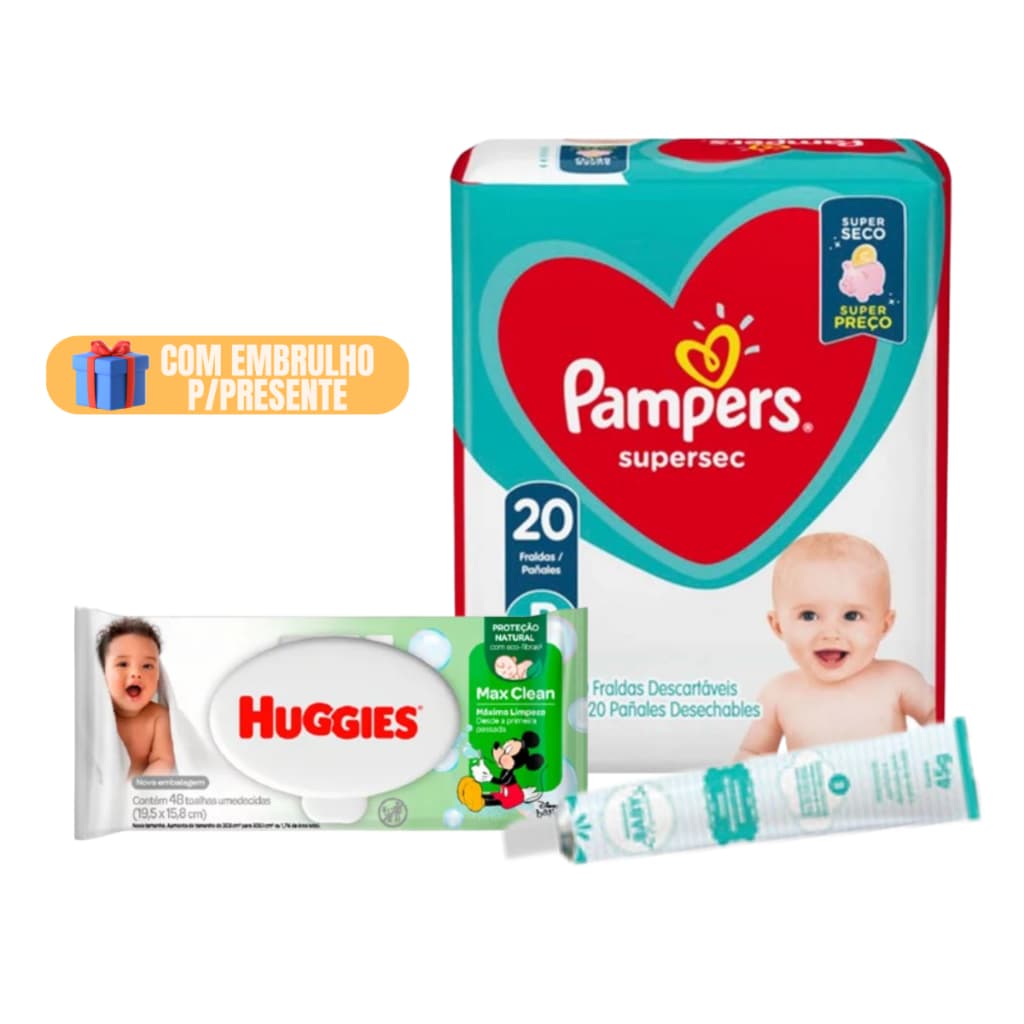 Kit Presente Chá de Bebê Recem Nascido com Fralda Calça Pampers E Lenços Umedecidos Max Clean