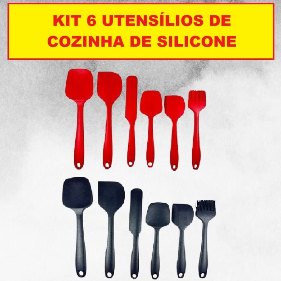 Kit 6 Utensílios Silicone Pão Duro De Cozinha Vermelho Ou Preto Flexível Útil Durável