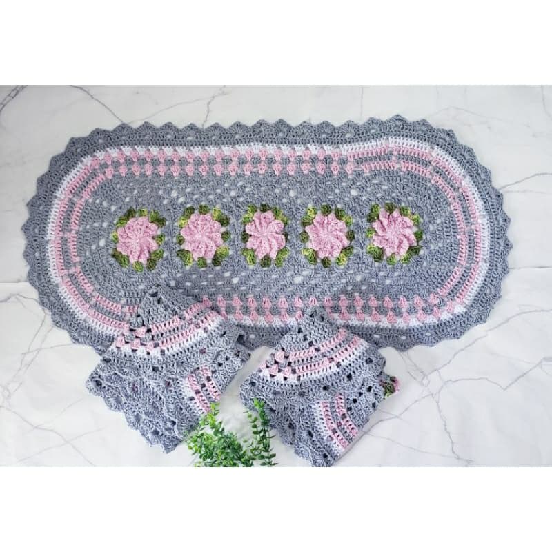Passadeira tapete em croch锚 com flores 1,00x 50 / 1,20 x 50