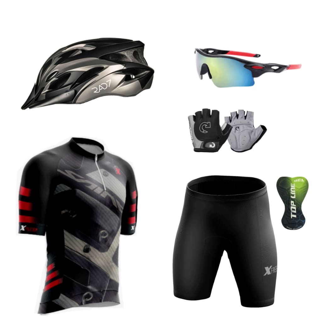 Conjunto de Roupas Bike C/ Capacete + Óculos Esportivo + Par de Luvas