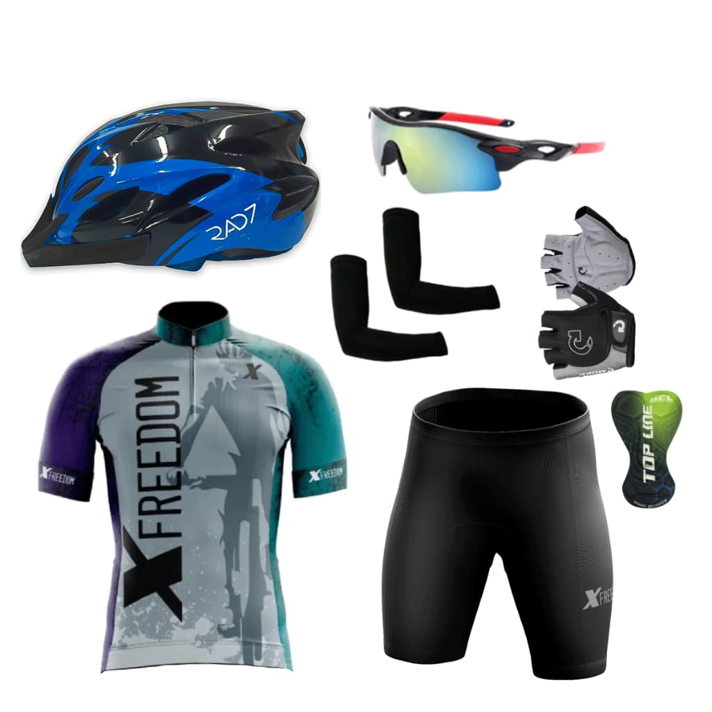 Kit Conjunto + Capacete Ciclismo + Óculos + Par de Luvas + Manguitos