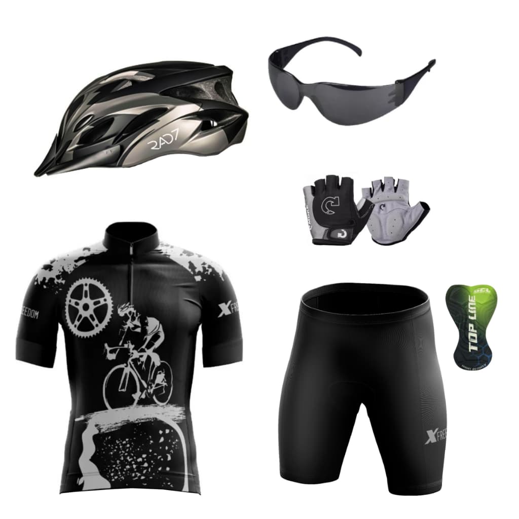 ConjuntoCiclismo Camisa e Bermuda C/ Proteção UV + Capacete Ciclismo C/ Luz Led + Luvas + Óculos de Proteção