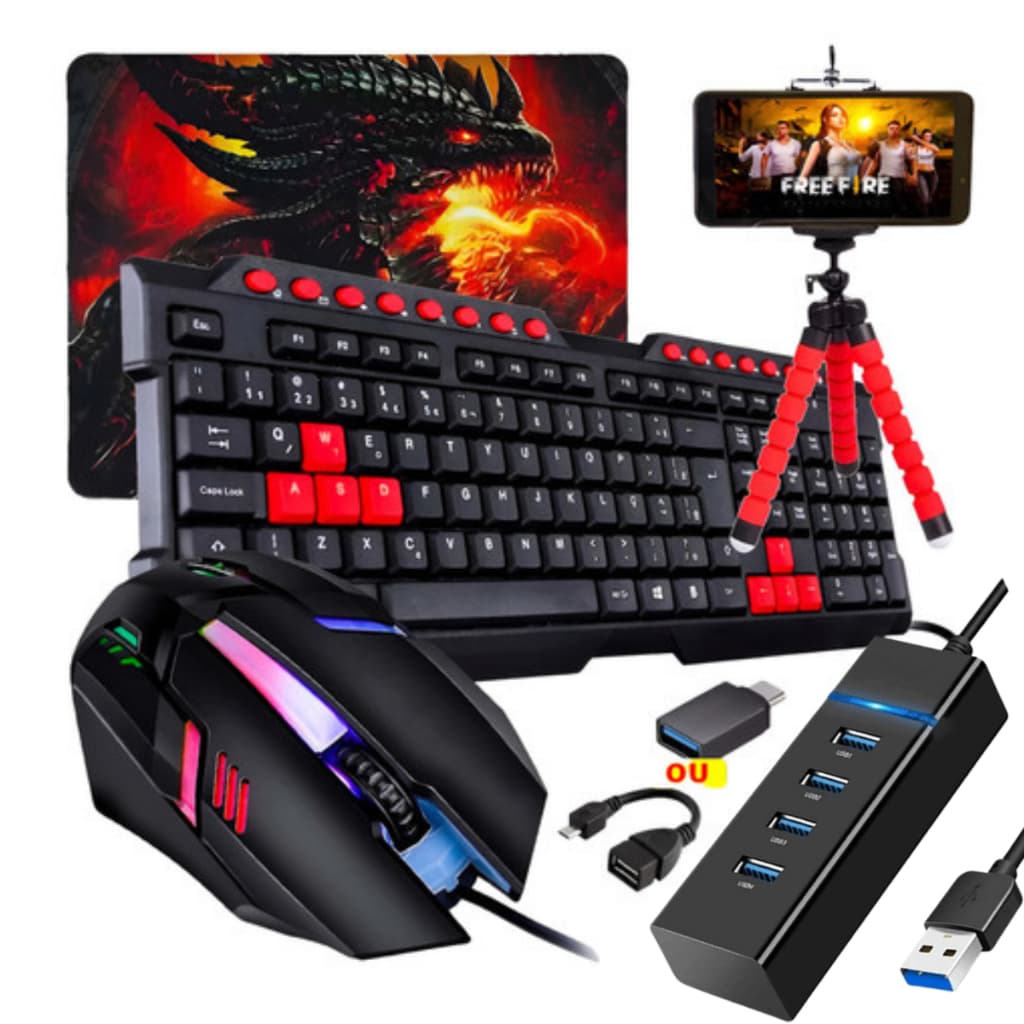 Kit  Mobilador 3.0 Teclado Teclas Destacadas Multimidia Mouse Led tipo c e v8