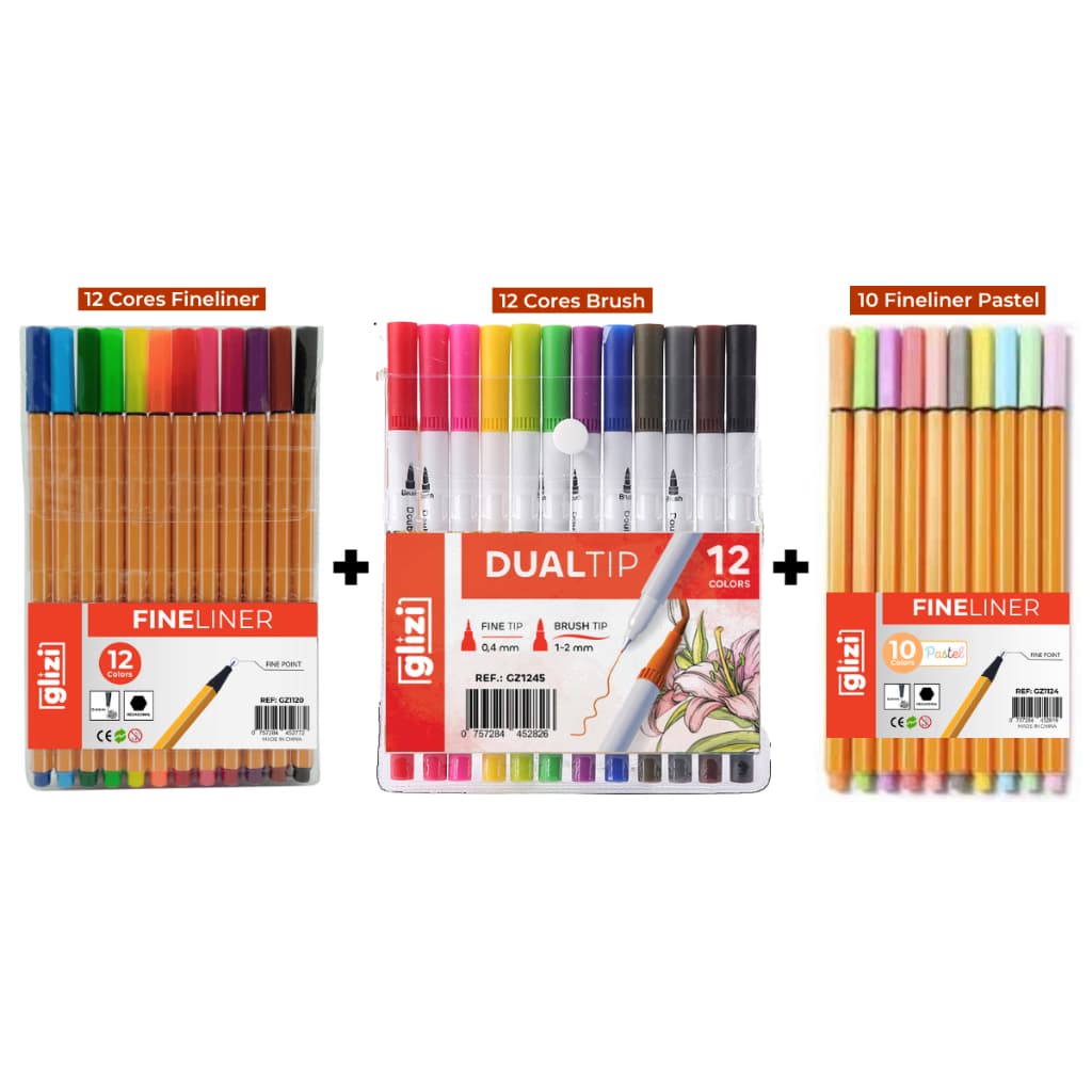 Kit Canetas Coloridas Ponta Fina 12 Cores + 12 Dual Brush Ponta Dupla + 10 Tons Pastel Fineliner