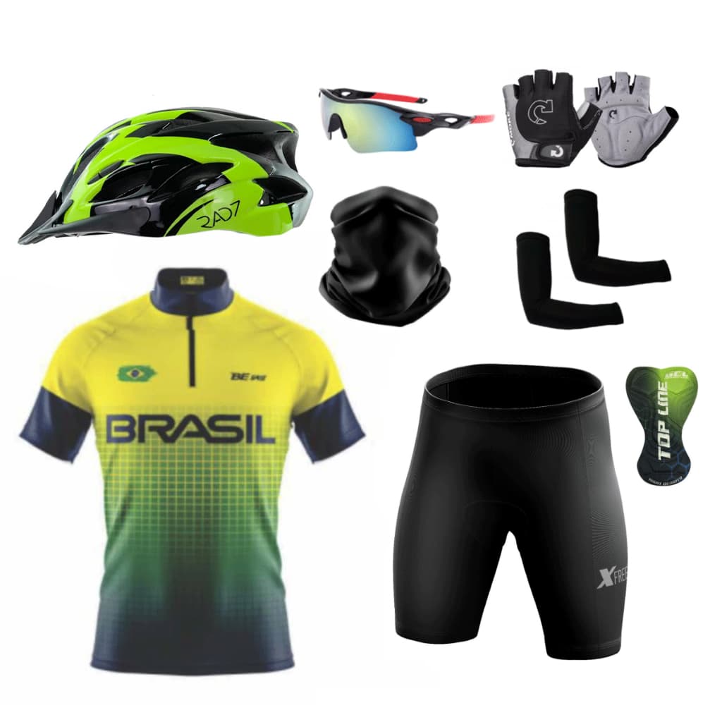 Conjunto Roupas Ciclismo + Capacete Ciclismo + Par de Luvas + Óculos + Par de Manguitos + Bandana