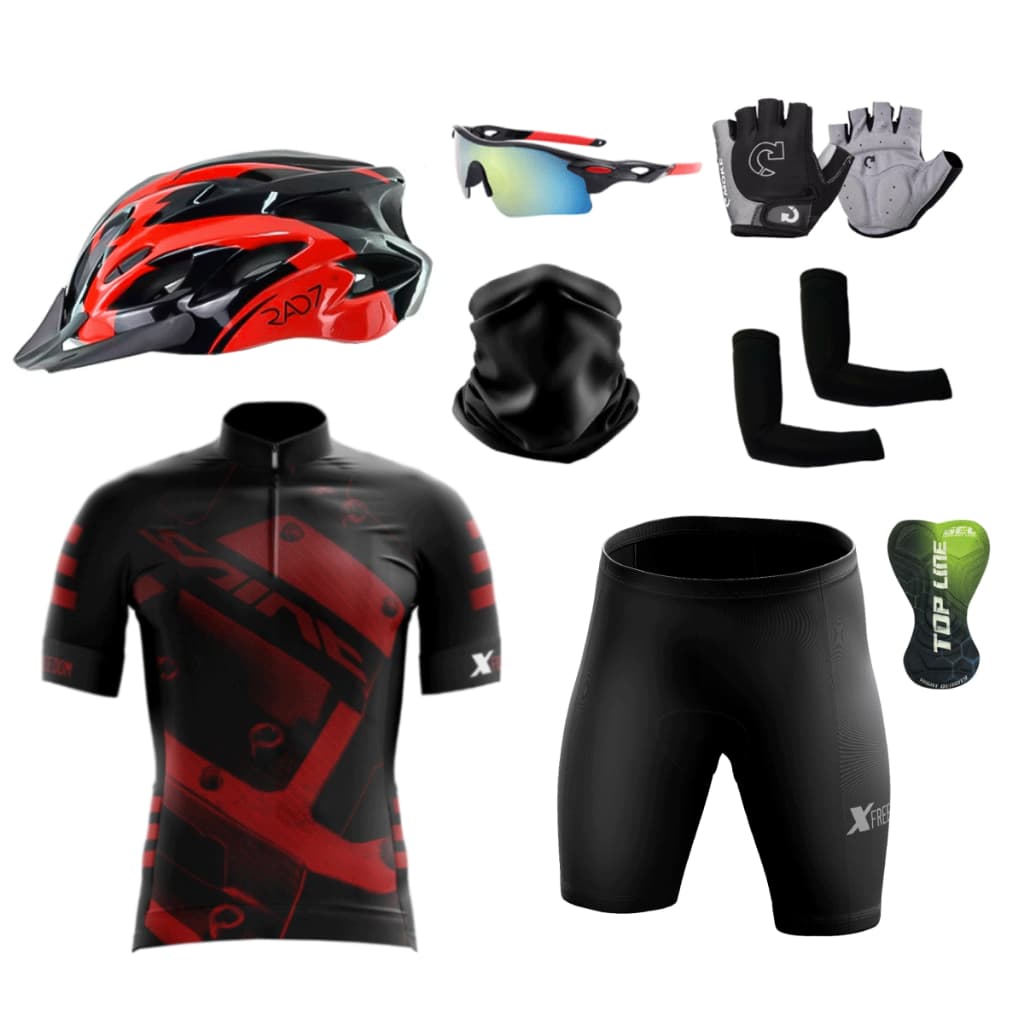 Conjunto Ciclismo Camisa Proteção UV e Bermuda + Capacete Ciclismo + Luvas + Manguitos + Bandana