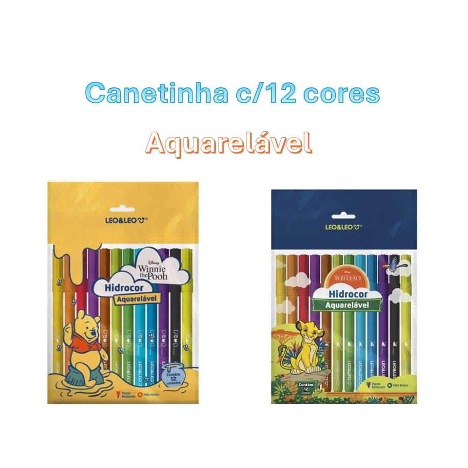 Canetinha 12 cores Aquarelável Rei leão ou Ursinho Pooh.