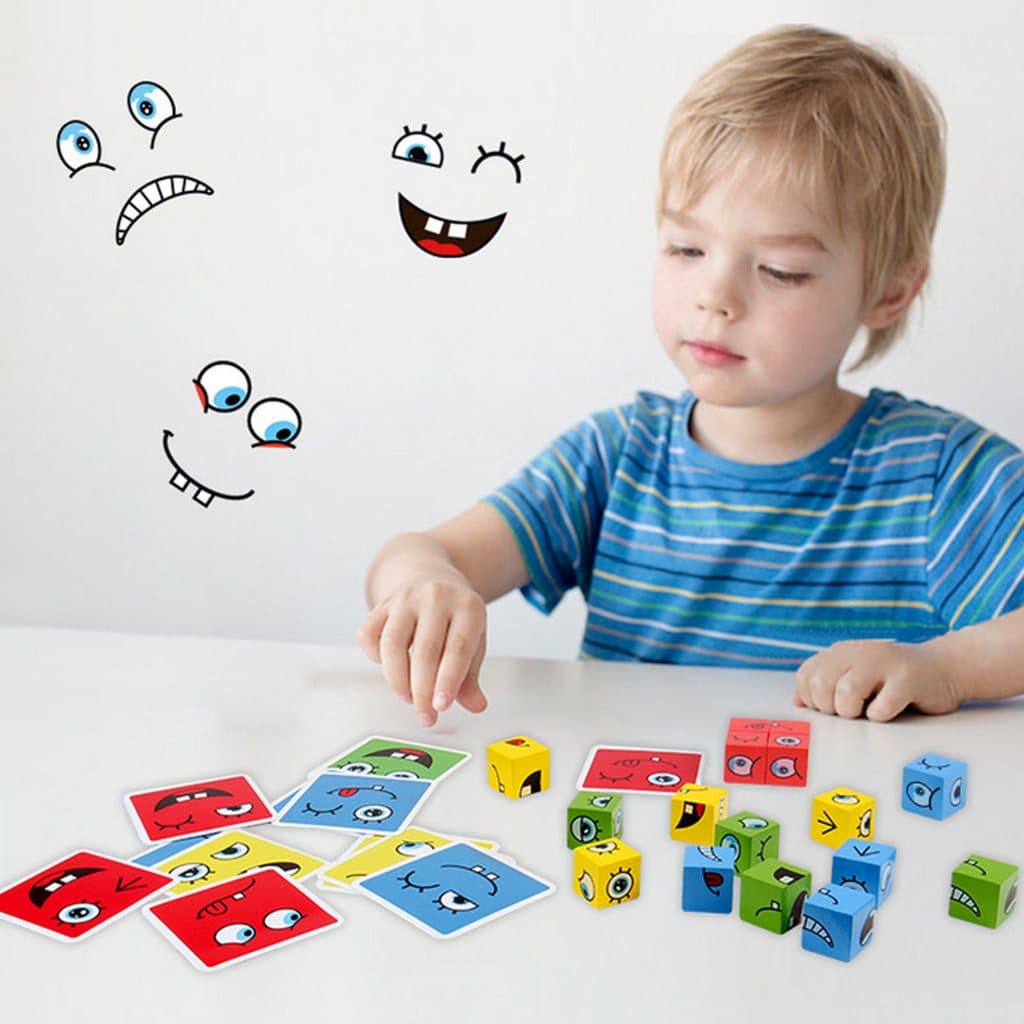 Jogo Interativo Montessori: Cubos de Madeira com Emojis para Montar Faces