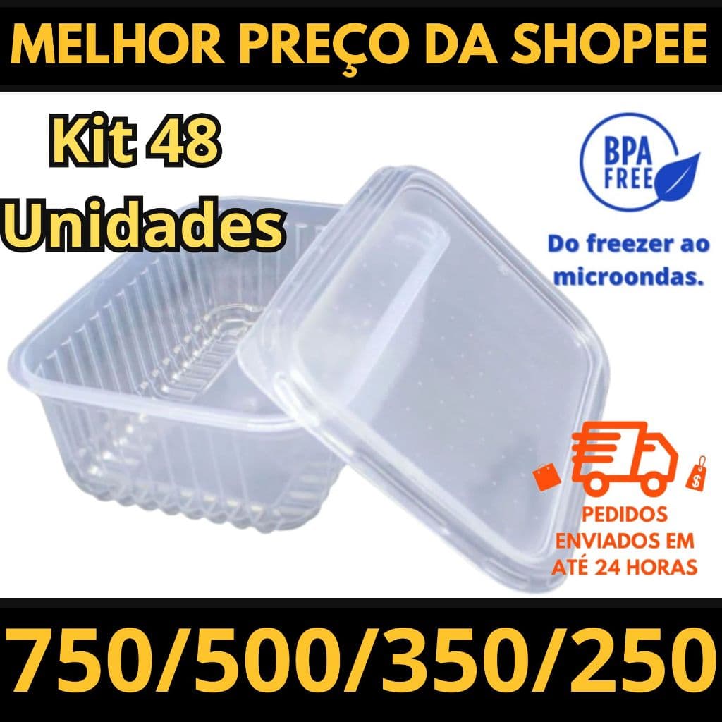 Kit 48 Pote Marmita Rentagular Plastico 500 ml 400 ml 250 ml 750 ml Comida Fitness