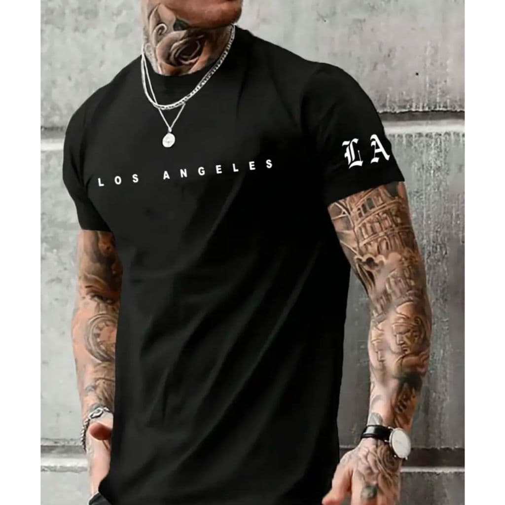 Camiseta Masculina Casual LA LOS ANGELES  De Manga Curta Com Impressão Gráfica,
