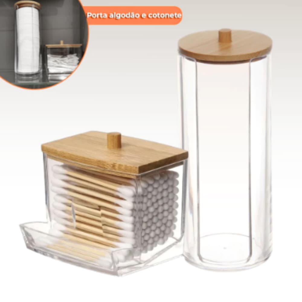 Kit de organizadores Porta algodão e cotonetes com tampa de bambu