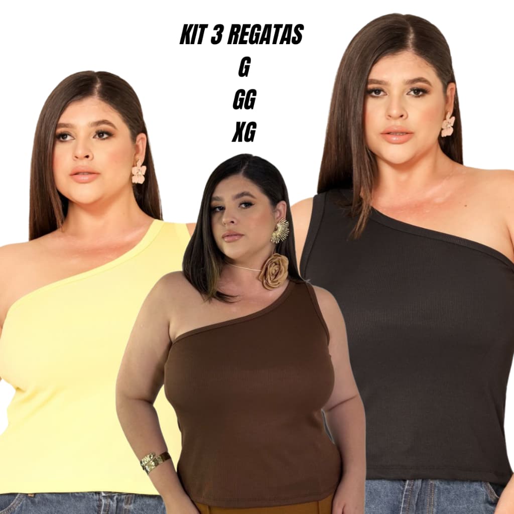 Kit 3 Regatas Feminina Blusa Malha Ribana Alça Única Sem Bojo Blusinha Básicas Assimétrica Elegante