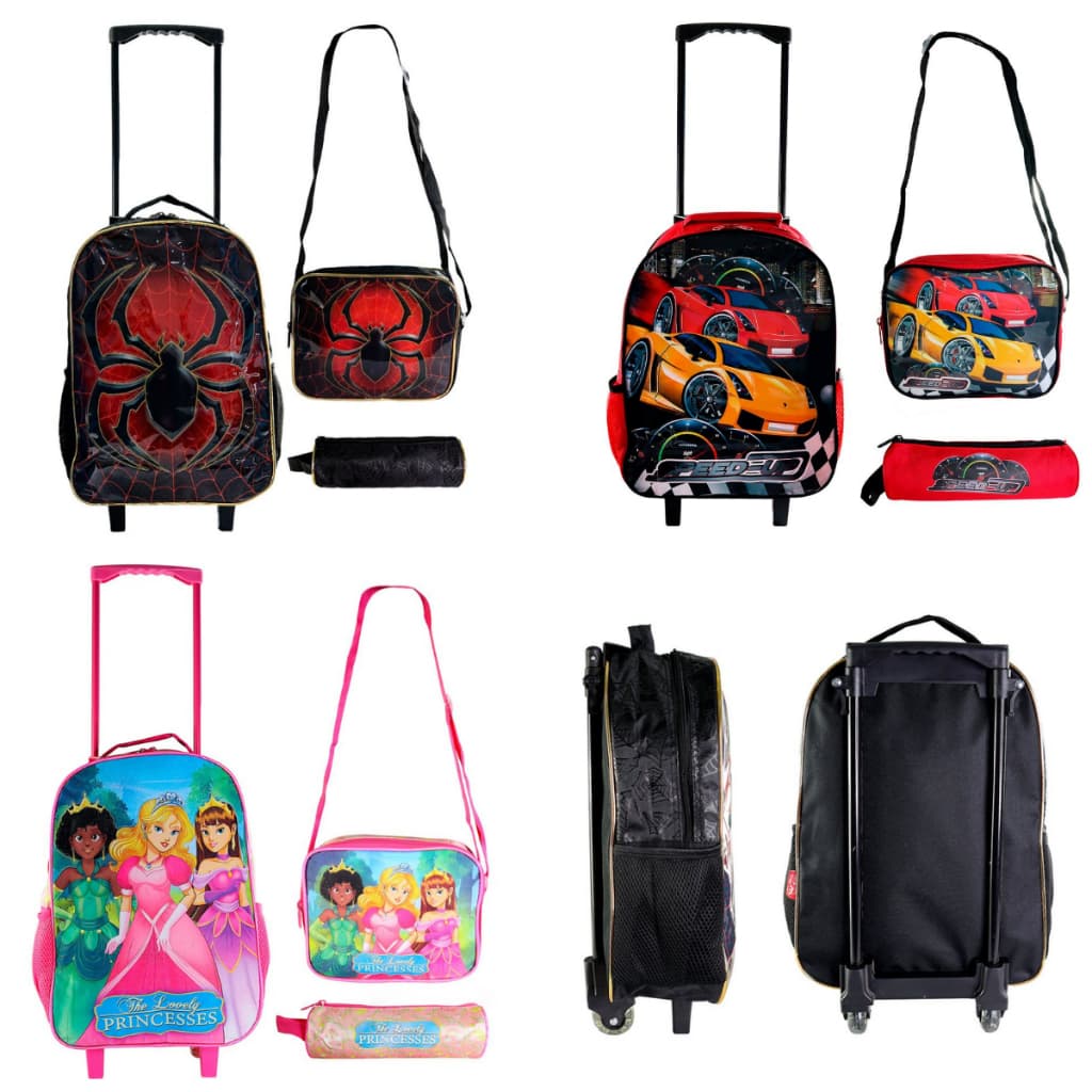 Mochila Escolar Infantil Kit Com 3 Peças -Mochila de rodinha, Lancheira, Estojo - Aranha Carros Princesas bolsa escolar