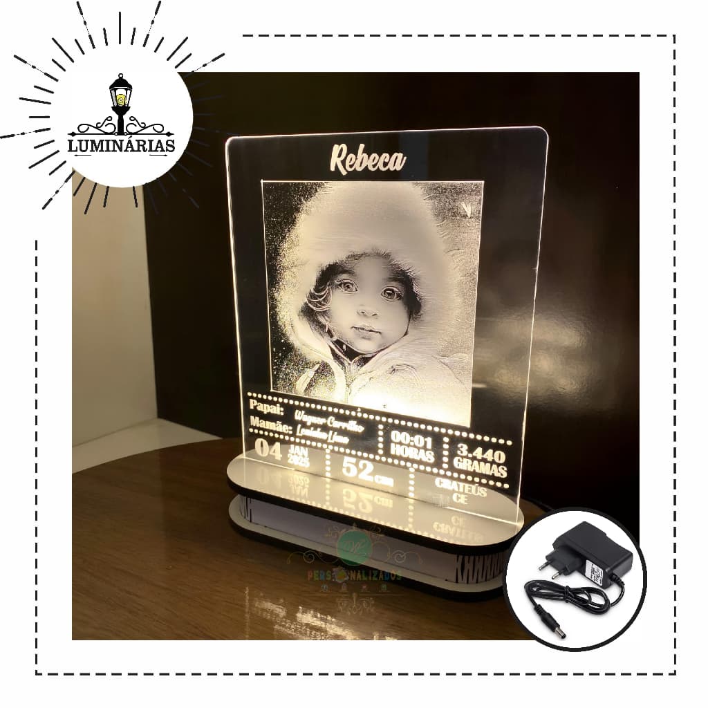 Luminária com foto e dados do Nascimento do Bebê - Personalizada - Maternidade