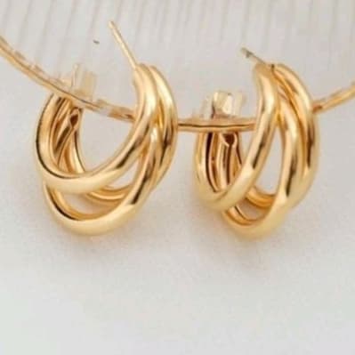 Brinco Argola 3 tubos Dourado Semi joias Premium Folheado a Ouro 18 K acessórios Feminino Moda Blogueira Bijuteria