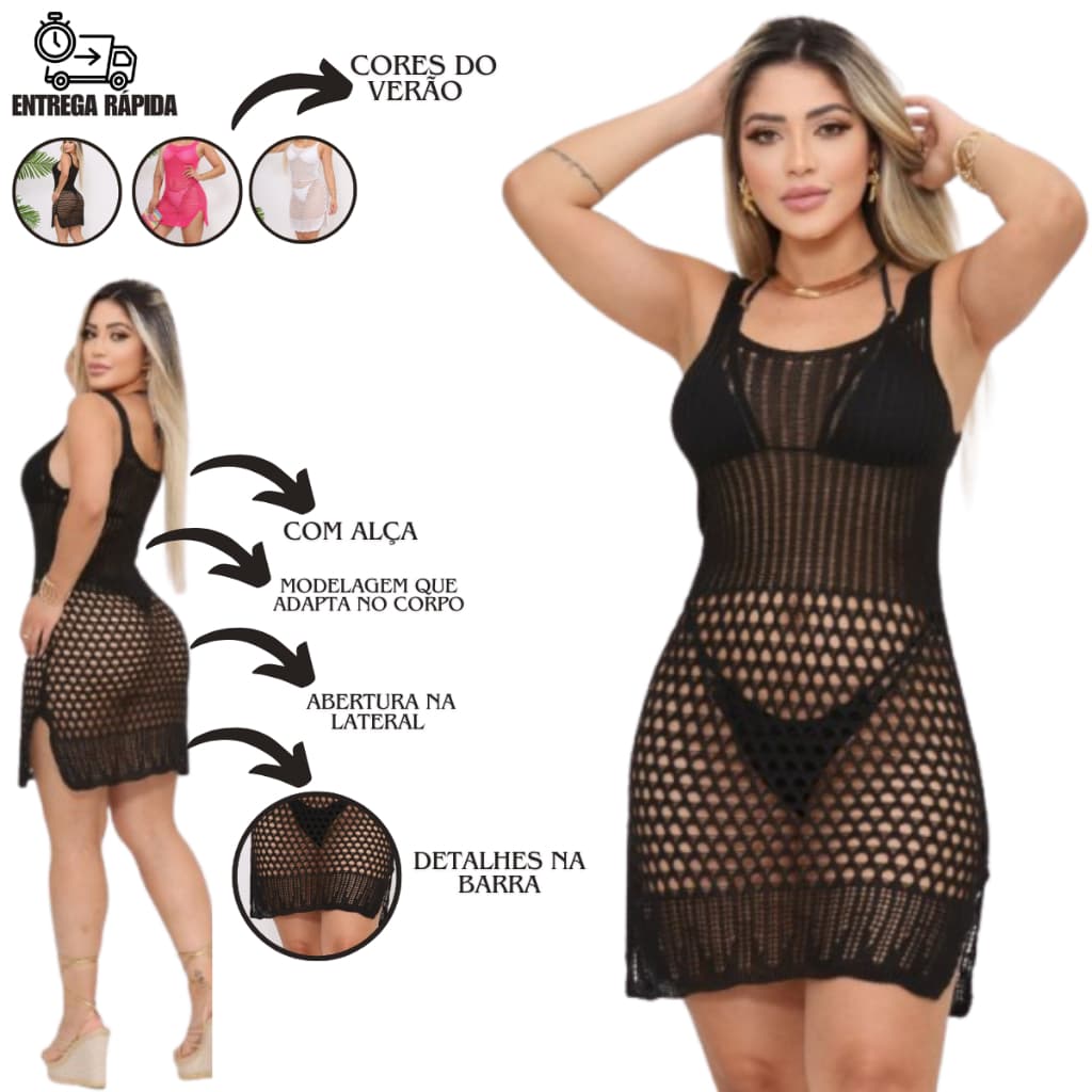 Saída de Praia Vestido Tricot Verão Praia Piscina Abertura na Lateral com Alça e Detalhes na Barra