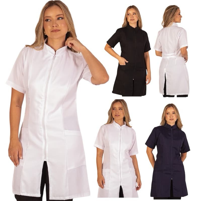 Jaleco Feminino Manga Curta Gabardine Acinturado Com Zíper