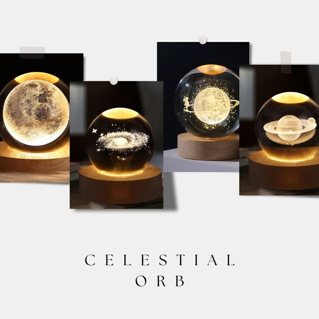 Luminária Decorativa de Mesa Globo LED Bola de Cristal 3D USB Vidro Base Madeira Abajur Presente 6CM