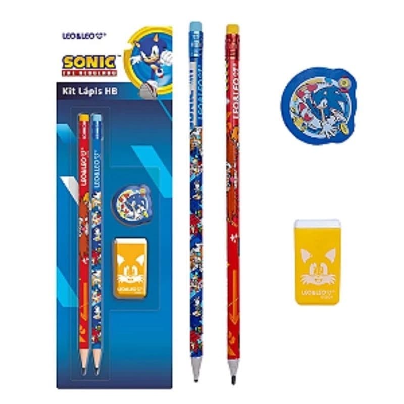 KIT ESCOLAR SONIC/SUPERMAN 4 PEÇAS LEO & LEO - 2 LÁPIS 1 BORRACHA 1 APONTADOR