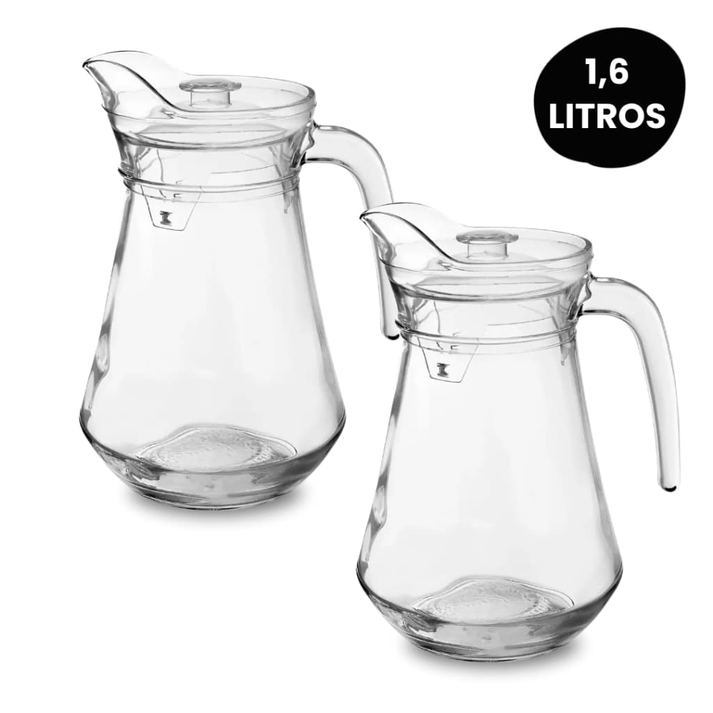 Kit 2 Jarra de Vidro Transparente 1,6L Com Tampa Resistente Alça Água Suco Bebida Refrigerante