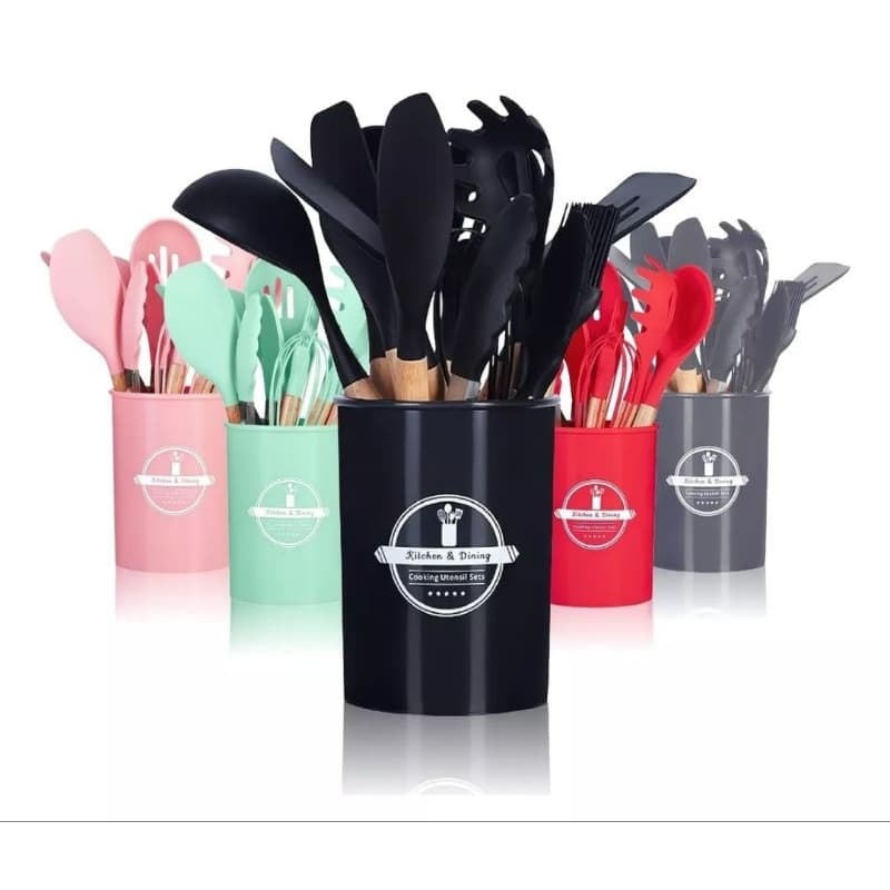 Kit Com 12 Utensílios Cozinha Em Silicone Cabo Madeira