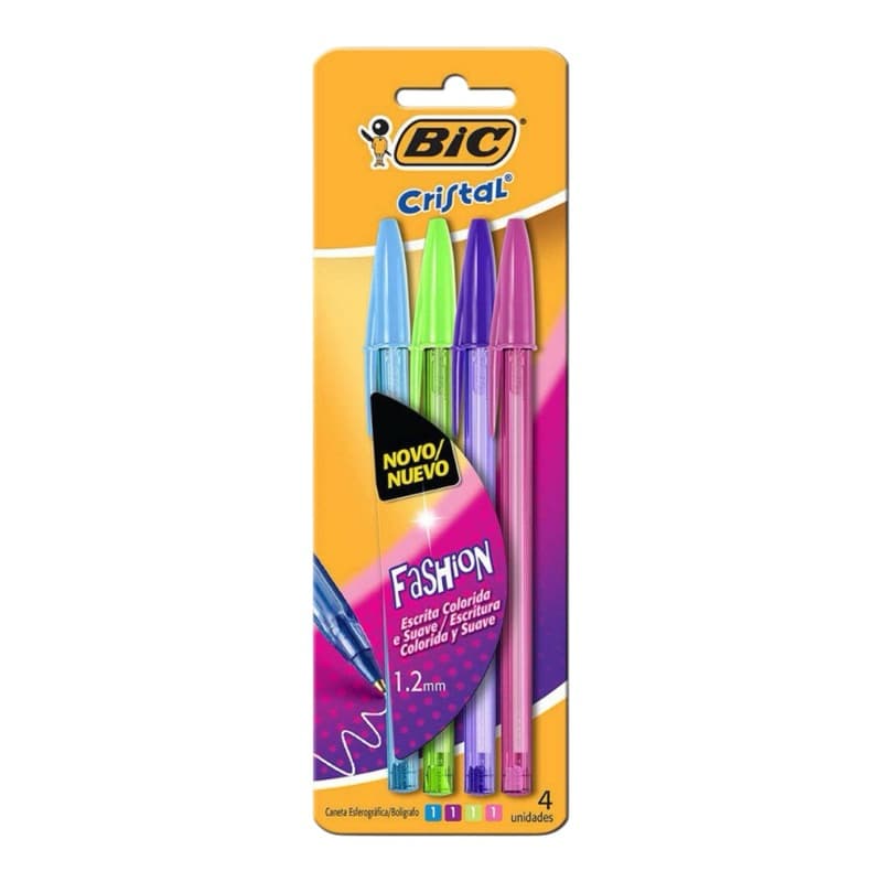 Caneta Esferográfica BIC Cristal Fashion, 4 Cores Vivas, Ponta Média de 1.2mm, Escrita macia, 902473 - BT 1 UN