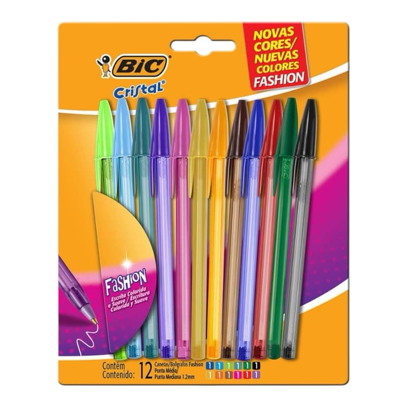 Caneta Esferográfica BIC Cristal Fashion, 12 Cores Vibrantes, Ponta Média de 1.2mm, Tampa Ventilada, - BT 1 UN