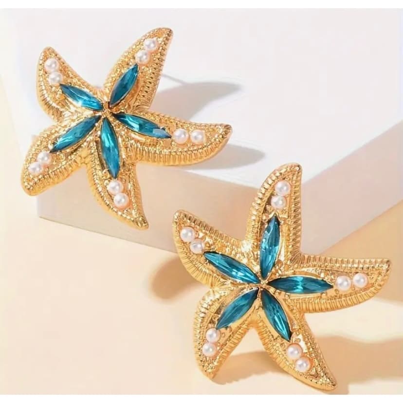 Brincos Chiques de Estrela-do-Mar & Pérola Dourado, Pinos de Aço Inoxidável, Perfeitos para festas