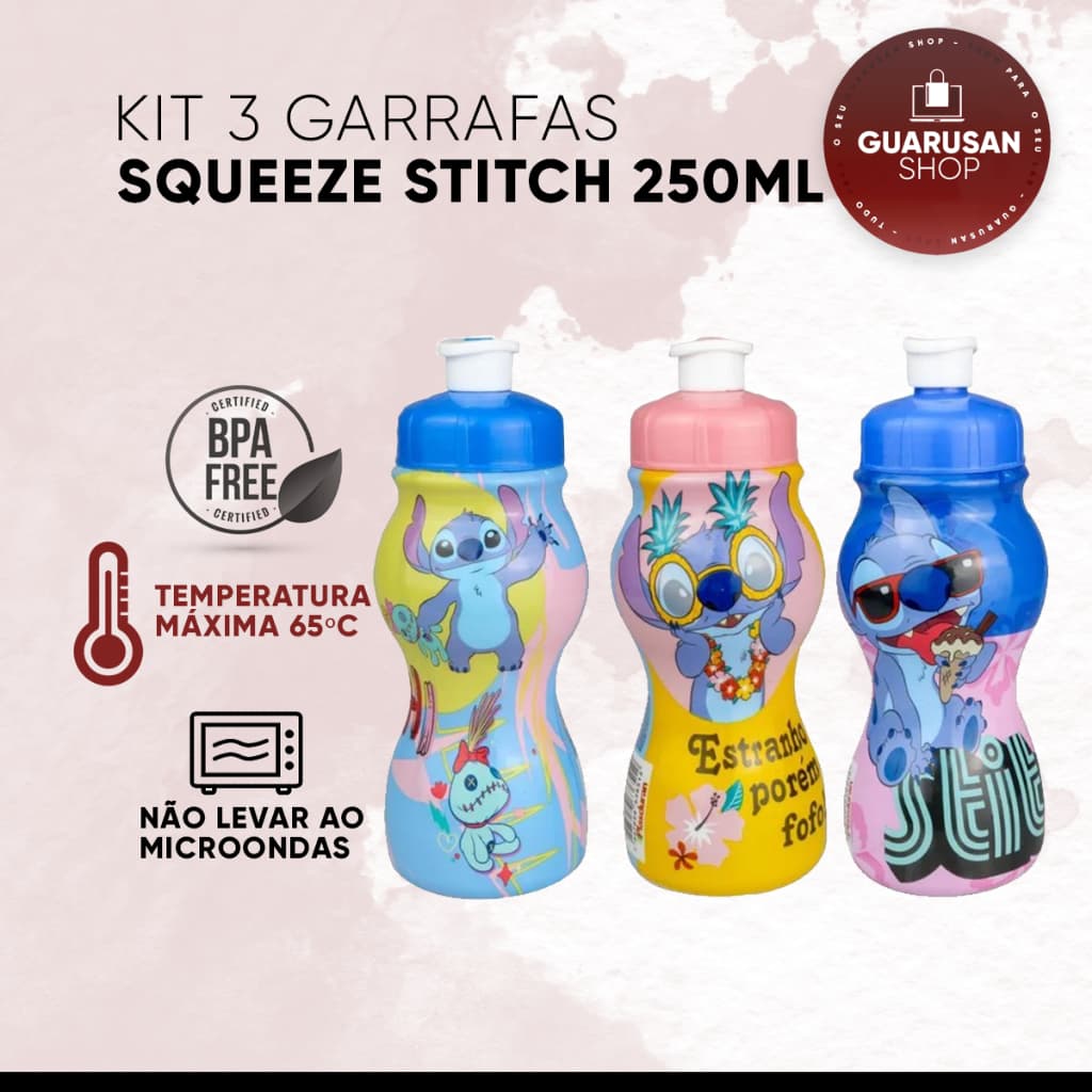 Kit 3 Garrafa Squeeze Cantil Infantil para Água Chá Sucos - Stitch 250ml (Livre de BPA - Produto Licenciado)
