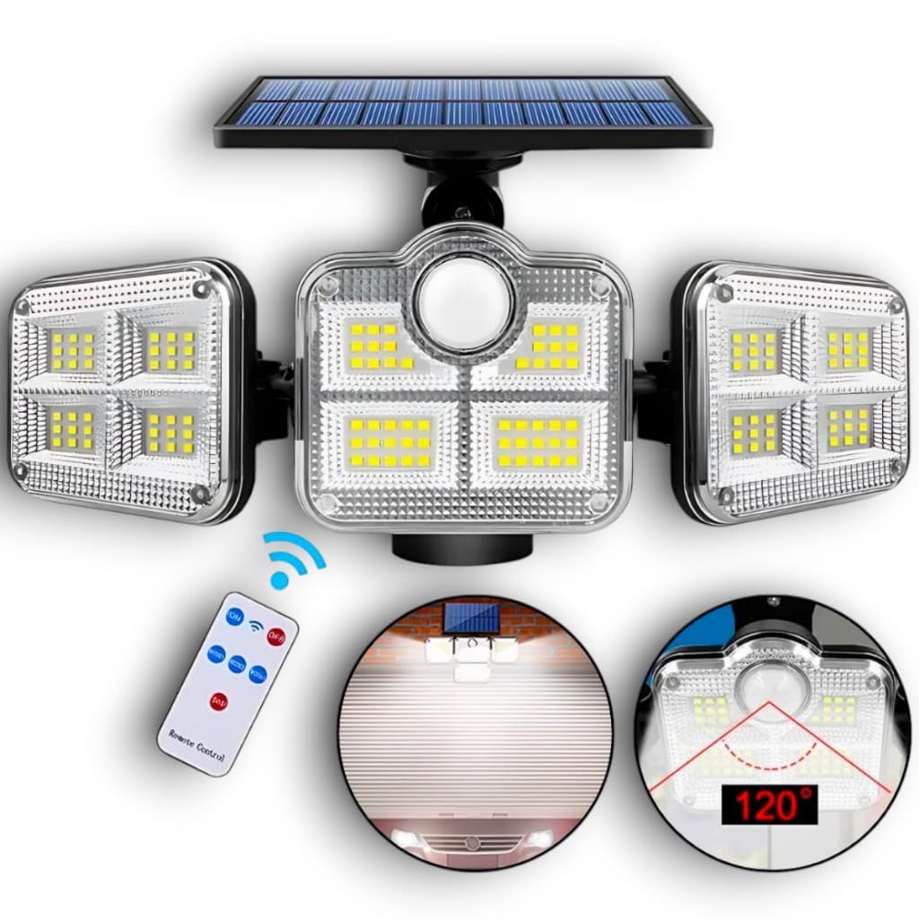 Refletor Grande Solar Luminaria 122 Led Sensor De Movimento Controle Remoto Com Painel de Três Cabeças Giratorias