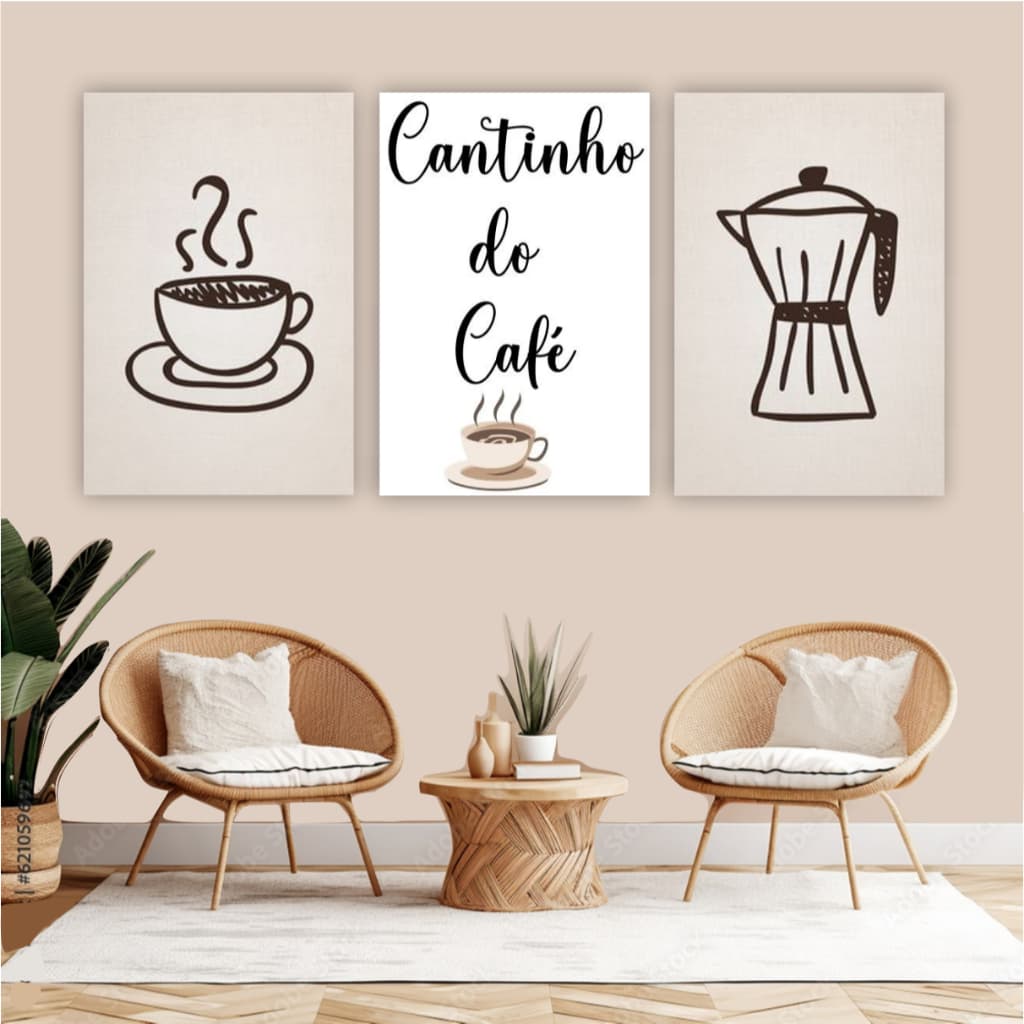 Quadro decorativo 3 peças cantinho do café xícara bule decoração para sala cozinha copa minimalista