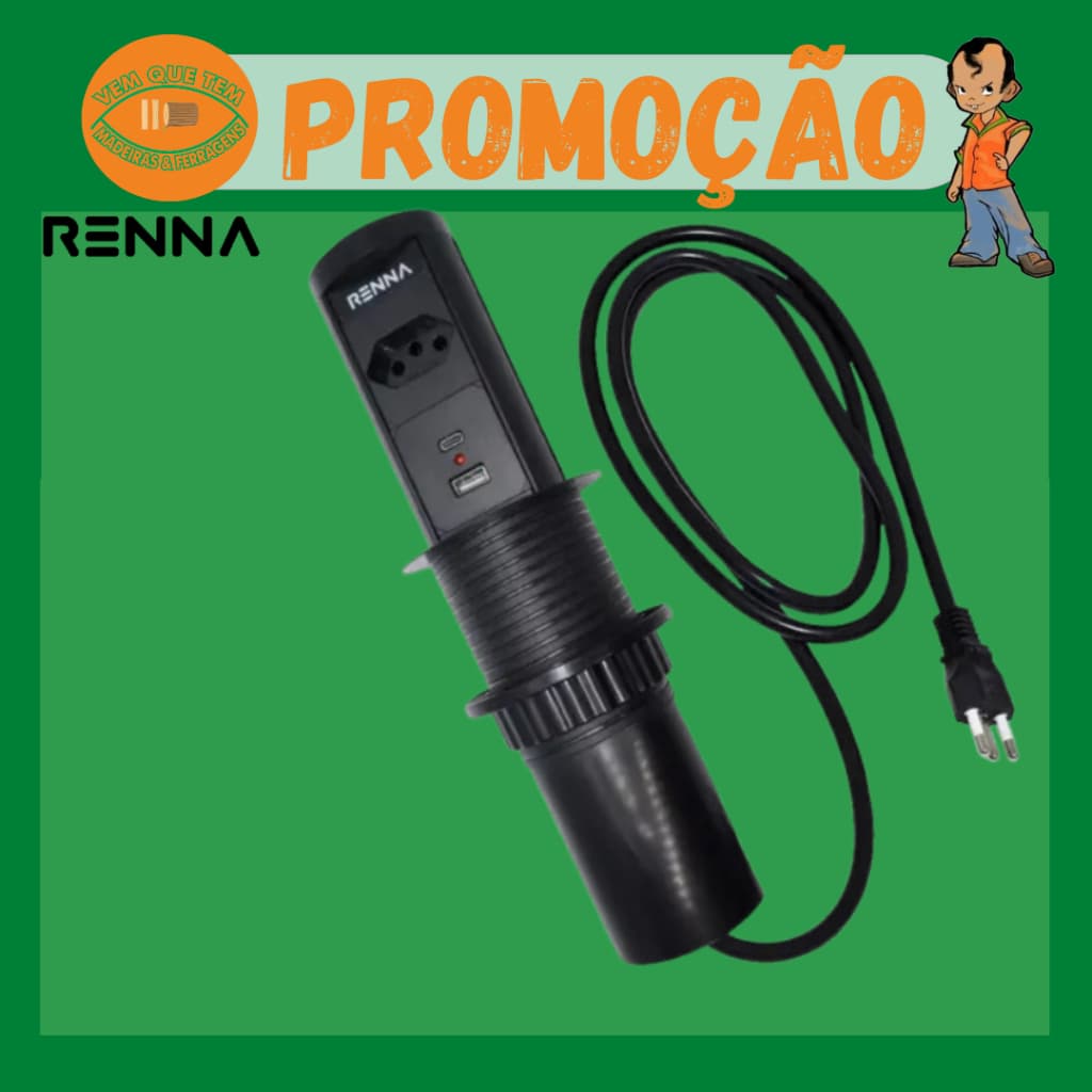 Torre Tomada Automática Bancada - 01 Wireless │ 01 Tomada │01 USB A │ 01 USB C - Preto / Prata - RENNA