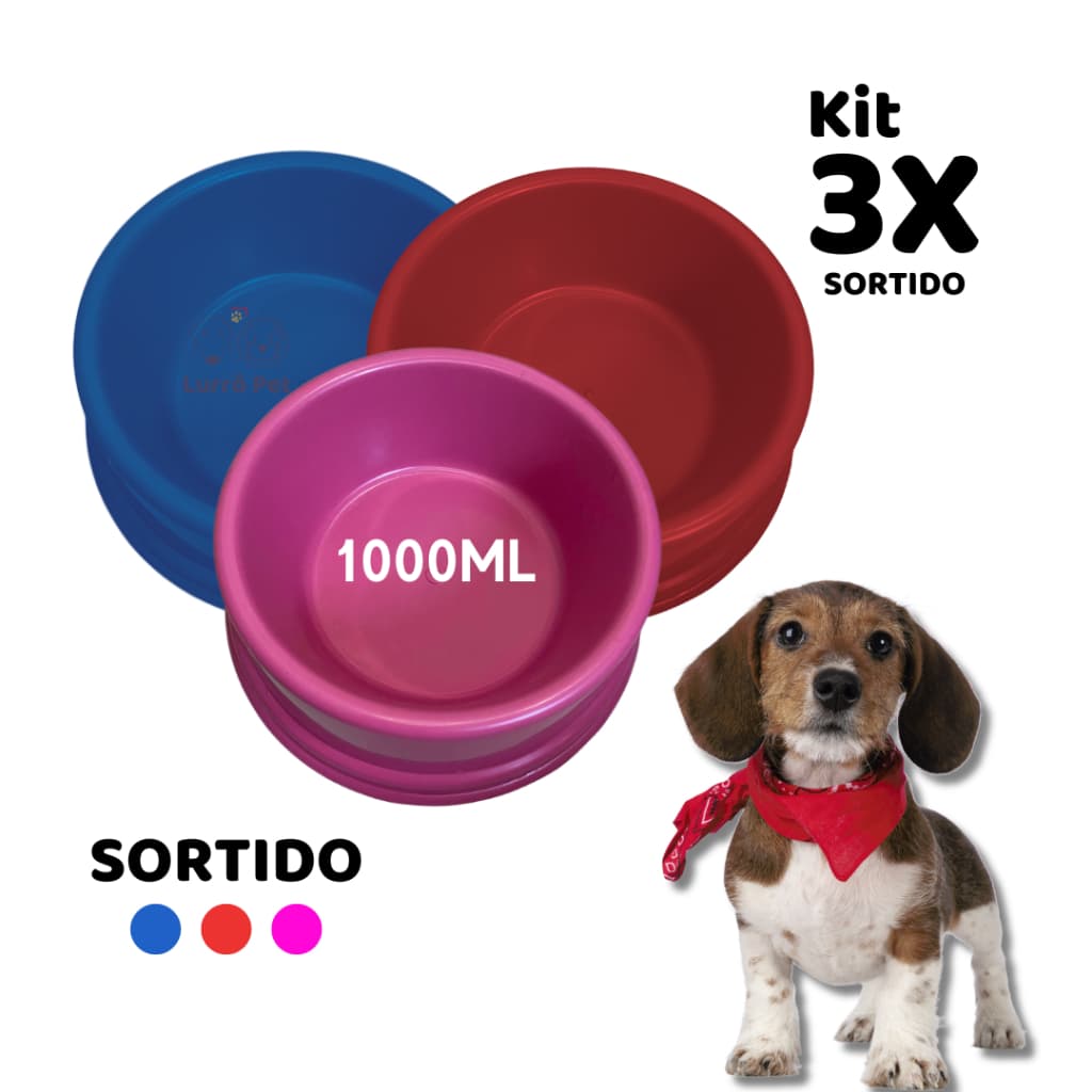 Kit 3 Comedouros Pote Ração Médio Para Cachorro Gato Pet Nº3  SORTIDO 1000Ml