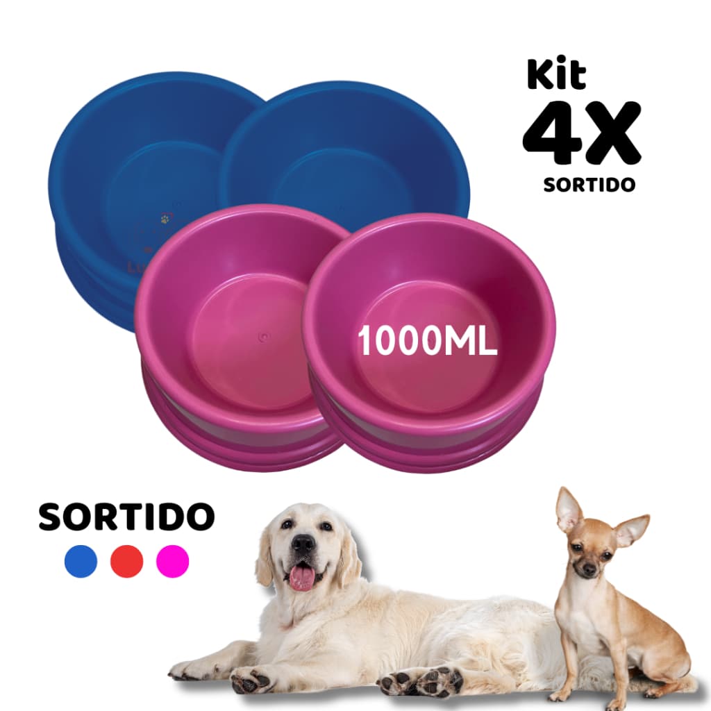 Kit 4 Comedouros Pote Ração Médio Para Cachorro Gato Pet Nº3  SORTIDO 1000Ml