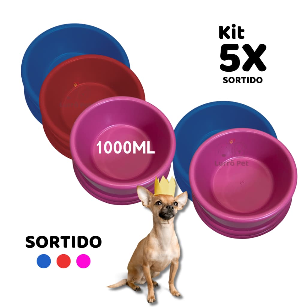 Kit 5 Comedouros Pote Ração Médio Para Cachorro Gato Pet Nº3  SORTIDO 1000Ml