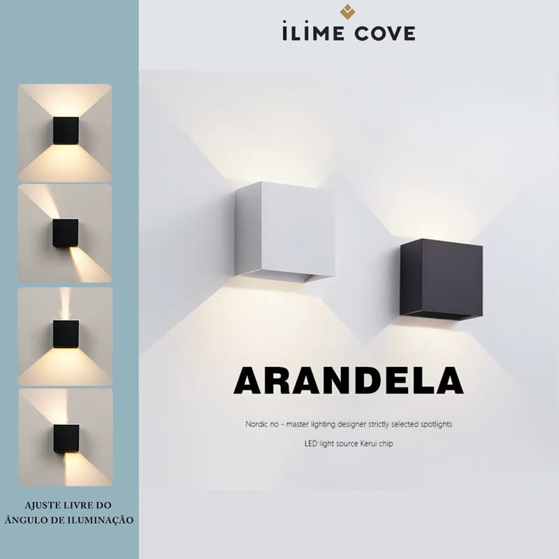 Arandela LED quadrada ajustável IP65 facho duplo 3000K cores branco/preto bivolt(110v/220v)