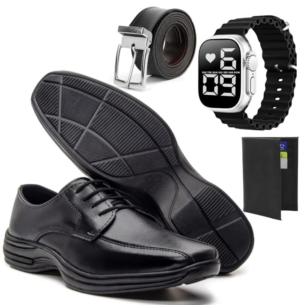 KIT  Sapato Social Masculino Monte + Relógio + Cinto + Carteira italiano Confort